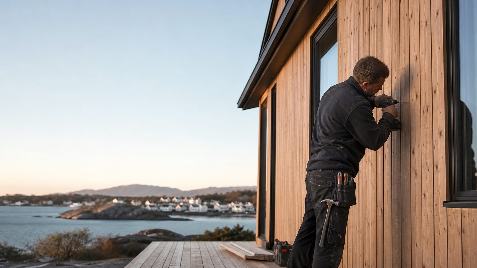 Snekker som skrur kledning på et hus ved sjøen i skumringen