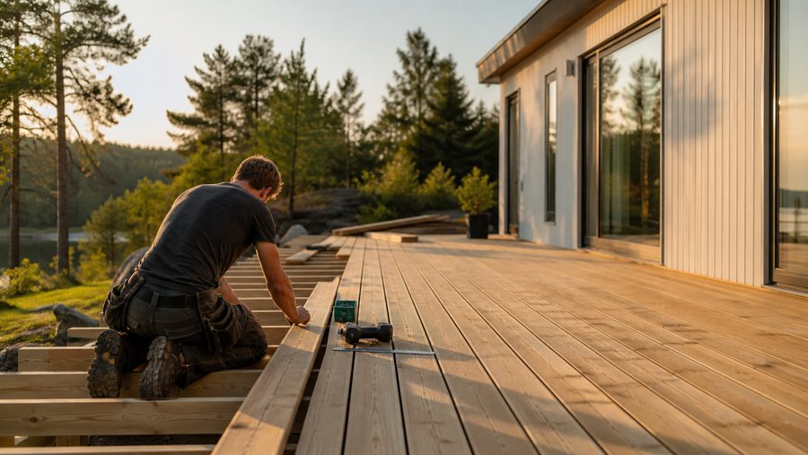 Snekker som legger terrassebord på en stor terrasse i kveldssol