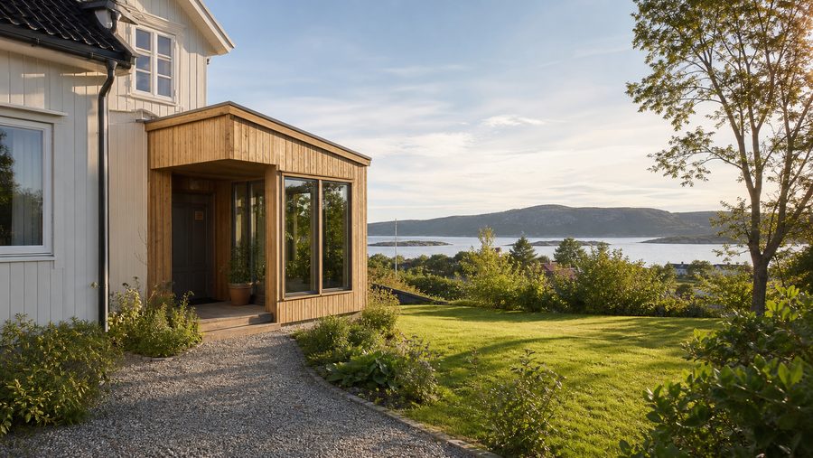 Tilbygg i ubehandlet furu på et hvitt hus med utsikt mot skjærgården